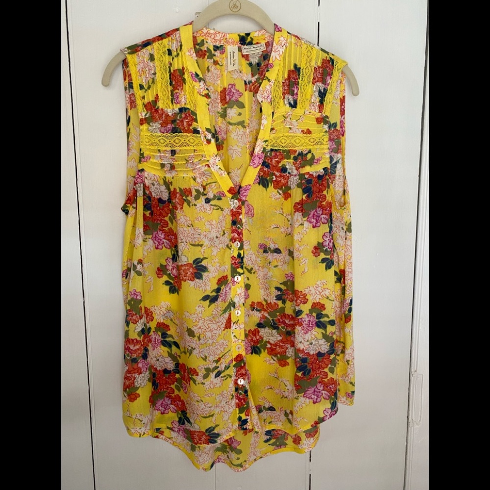 Meadow Rue by Anthropologie Yellow Floral Sleeveless Blouse Size 10